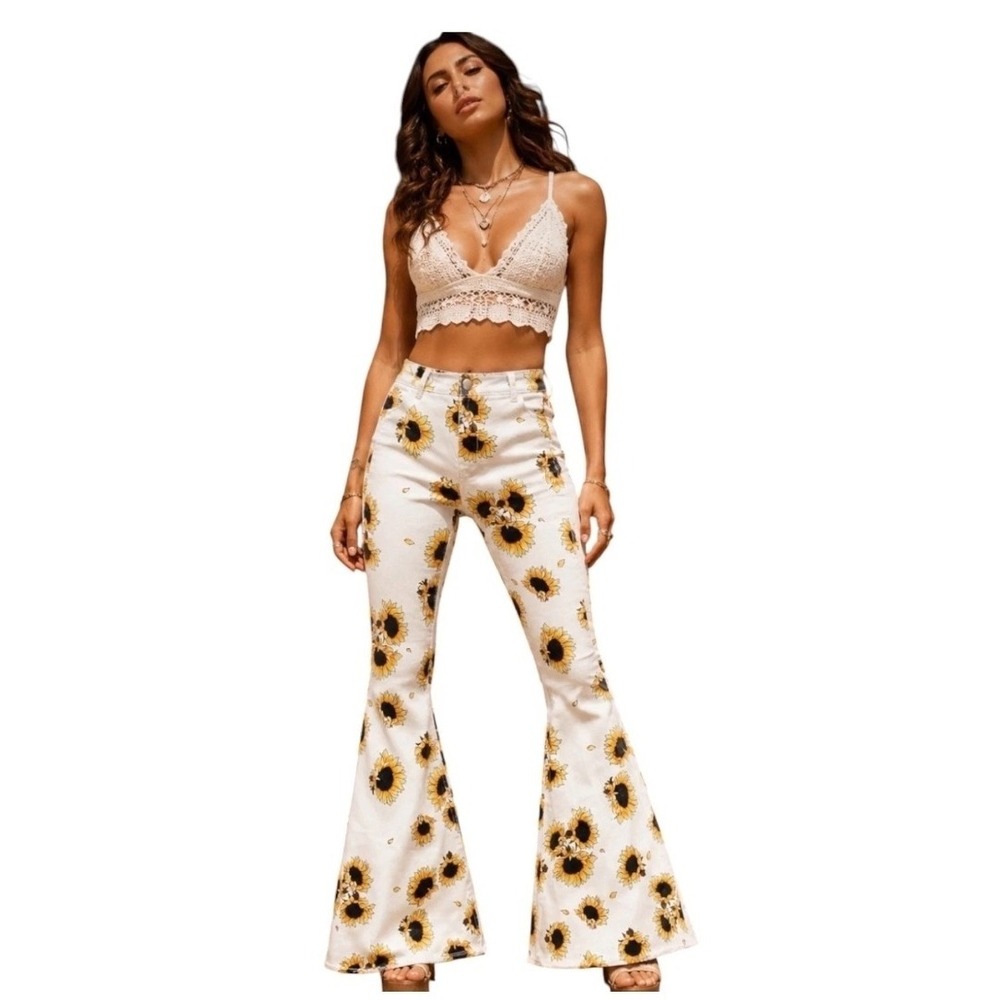 Free People Just Float Sunflower Flare Jeans W31 High Rise Bell Bottom Cowgirl